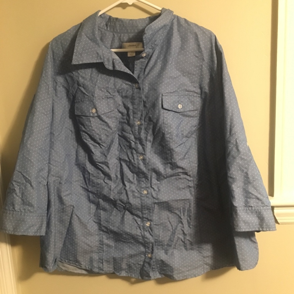 CJ Banks polka dot chambray button down shirt